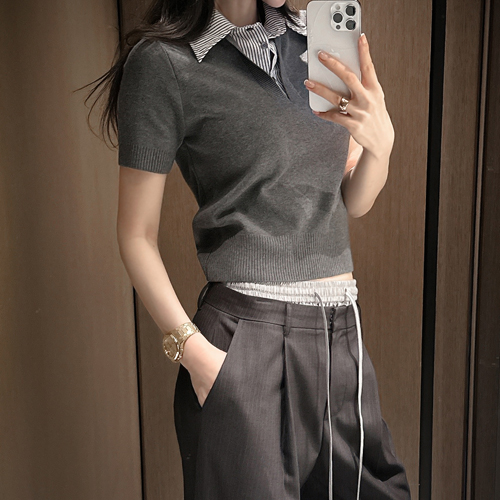 Half-sleeve stripe collar knit